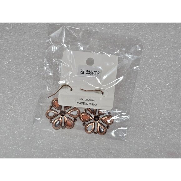 Copper Tone & Iridescent Teardrop Flower Dangle Earrings - Picture 3 of 3